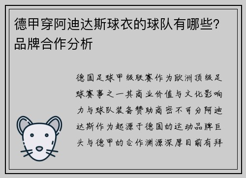 德甲穿阿迪达斯球衣的球队有哪些？品牌合作分析